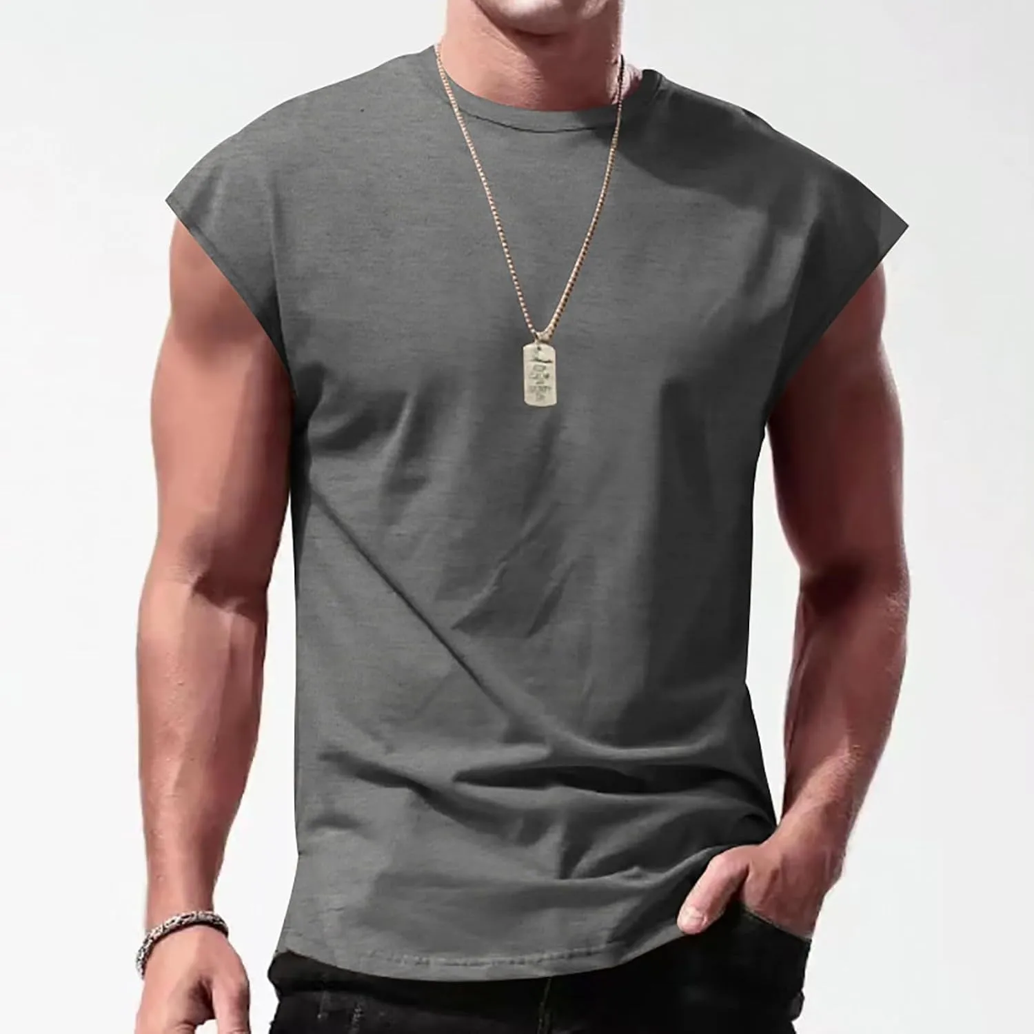 2 Pack Men's Fitness Tank Tops Workout Round Neck Sleeveless Athletic Muscle Tops Casual Training Bodybuilding Shirts