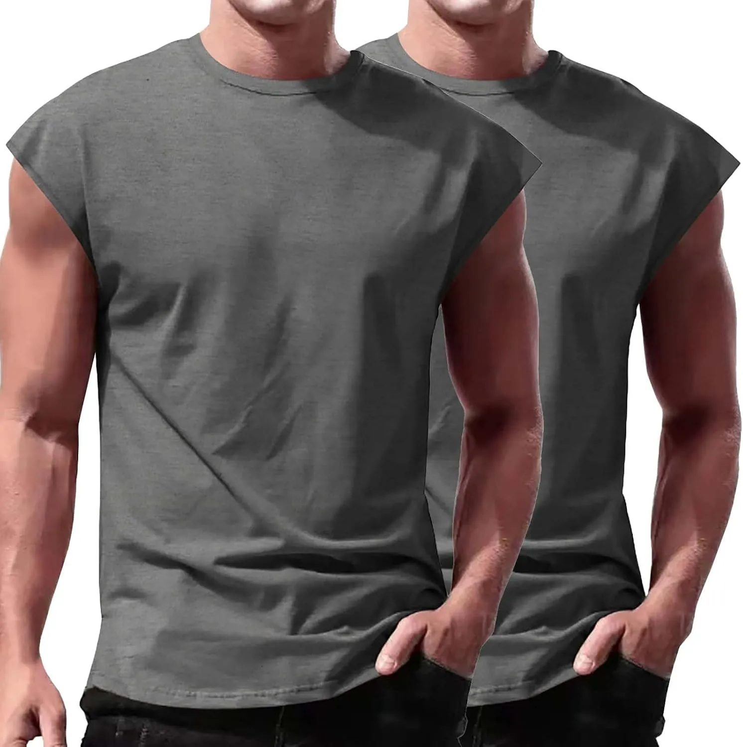2 Pack Men's Fitness Tank Tops Workout Round Neck Sleeveless Athletic Muscle Tops Casual Training Bodybuilding Shirts