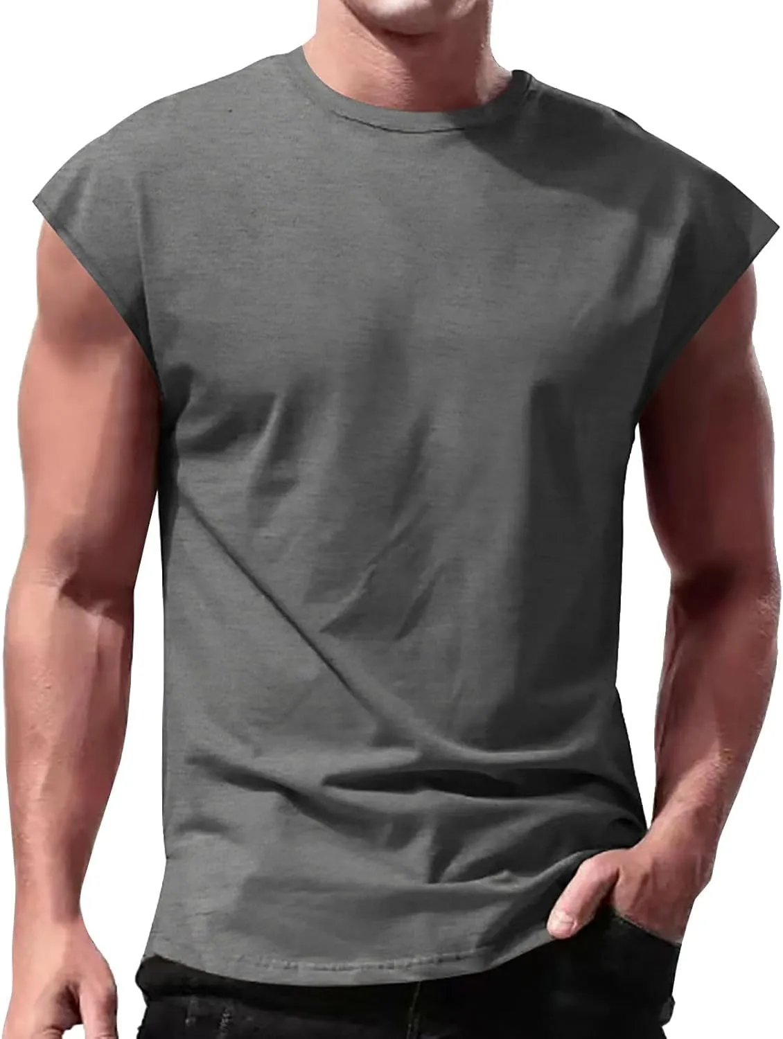2 Pack Men's Fitness Tank Tops Workout Round Neck Sleeveless Athletic Muscle Tops Casual Training Bodybuilding Shirts