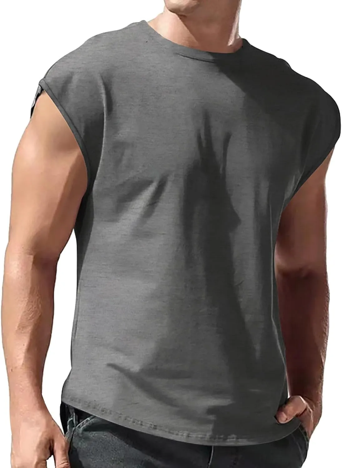 2 Pack Men's Fitness Tank Tops Workout Round Neck Sleeveless Athletic Muscle Tops Casual Training Bodybuilding Shirts