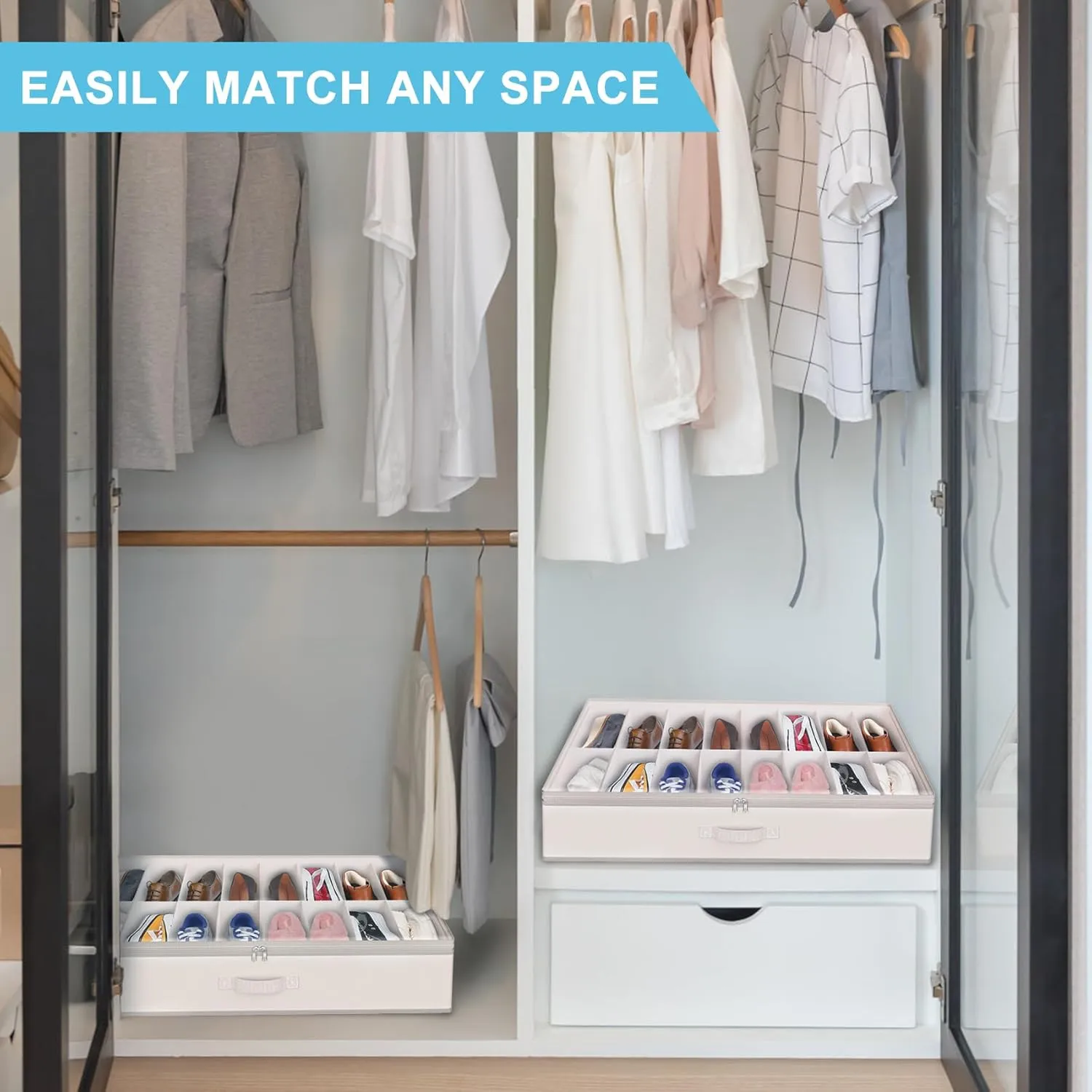 2 Pack Under Bed Shoe Storage Organizer for Closet, Fits Total 32 Pairs Foldable Underbed Shoes Containers Boxes Under the Bed Storage Bedding with Sturdy Handles&Clear Window for College Dorms, Beige
