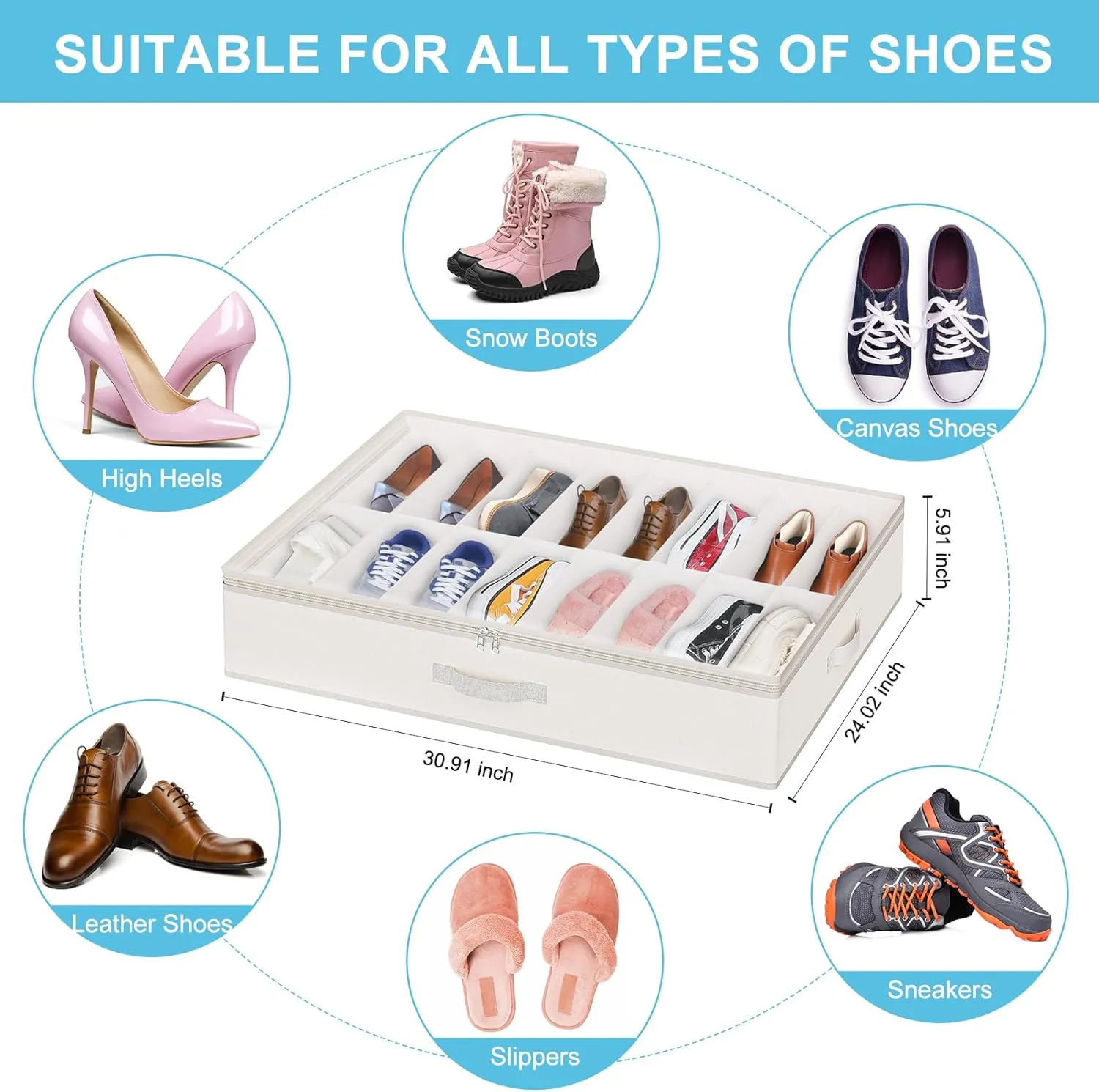 2 Pack Under Bed Shoe Storage Organizer for Closet, Fits Total 32 Pairs Foldable Underbed Shoes Containers Boxes Under the Bed Storage Bedding with Sturdy Handles&Clear Window for College Dorms, Beige