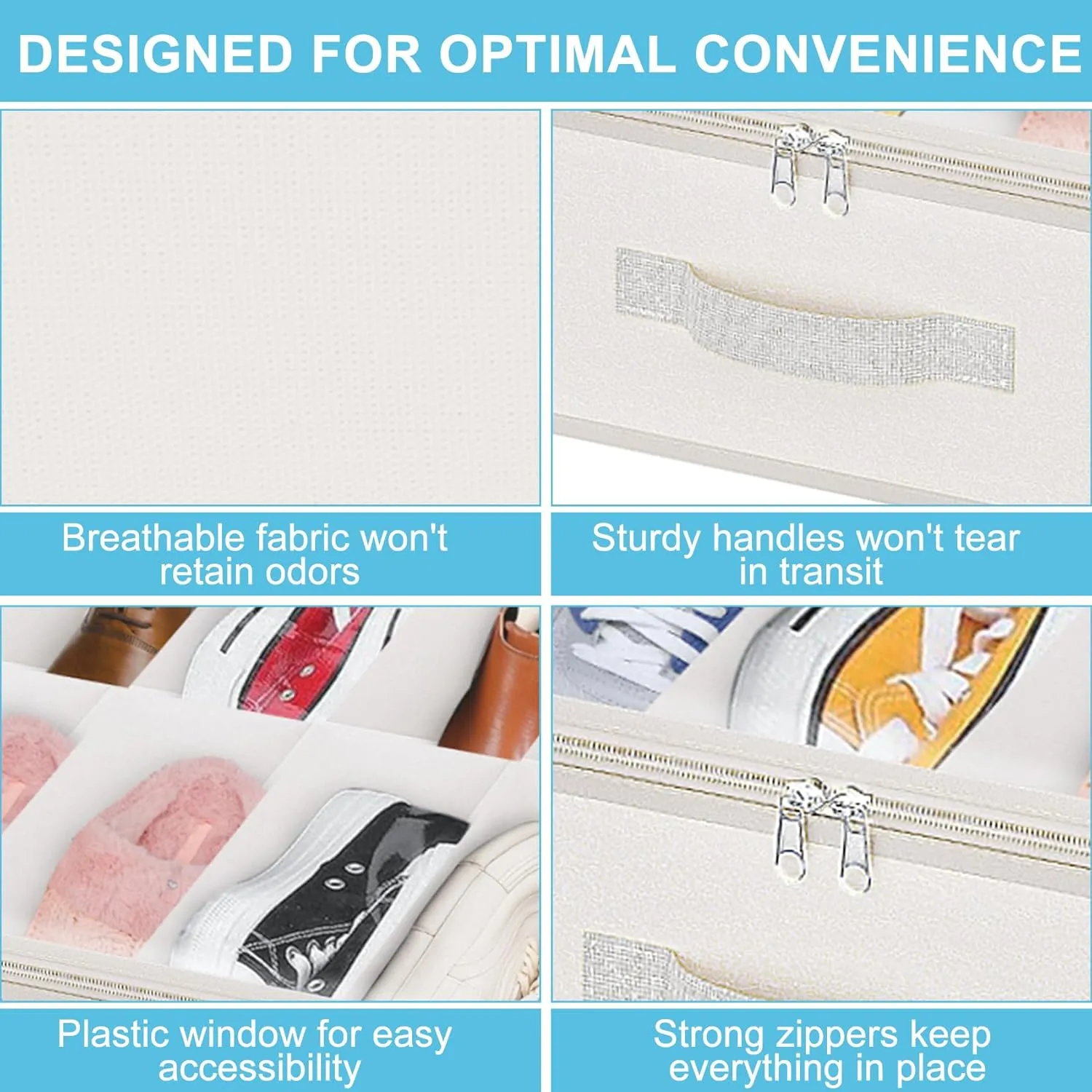 2 Pack Under Bed Shoe Storage Organizer for Closet, Fits Total 32 Pairs Foldable Underbed Shoes Containers Boxes Under the Bed Storage Bedding with Sturdy Handles&Clear Window for College Dorms, Beige