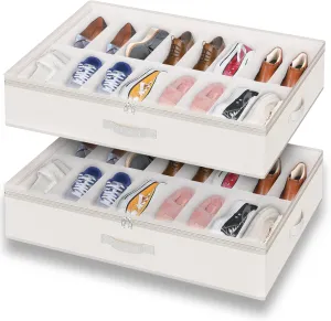 2 Pack Under Bed Shoe Storage Organizer for Closet, Fits Total 32 Pairs Foldable Underbed Shoes Containers Boxes Under the Bed Storage Bedding with Sturdy Handles&Clear Window for College Dorms, Beige