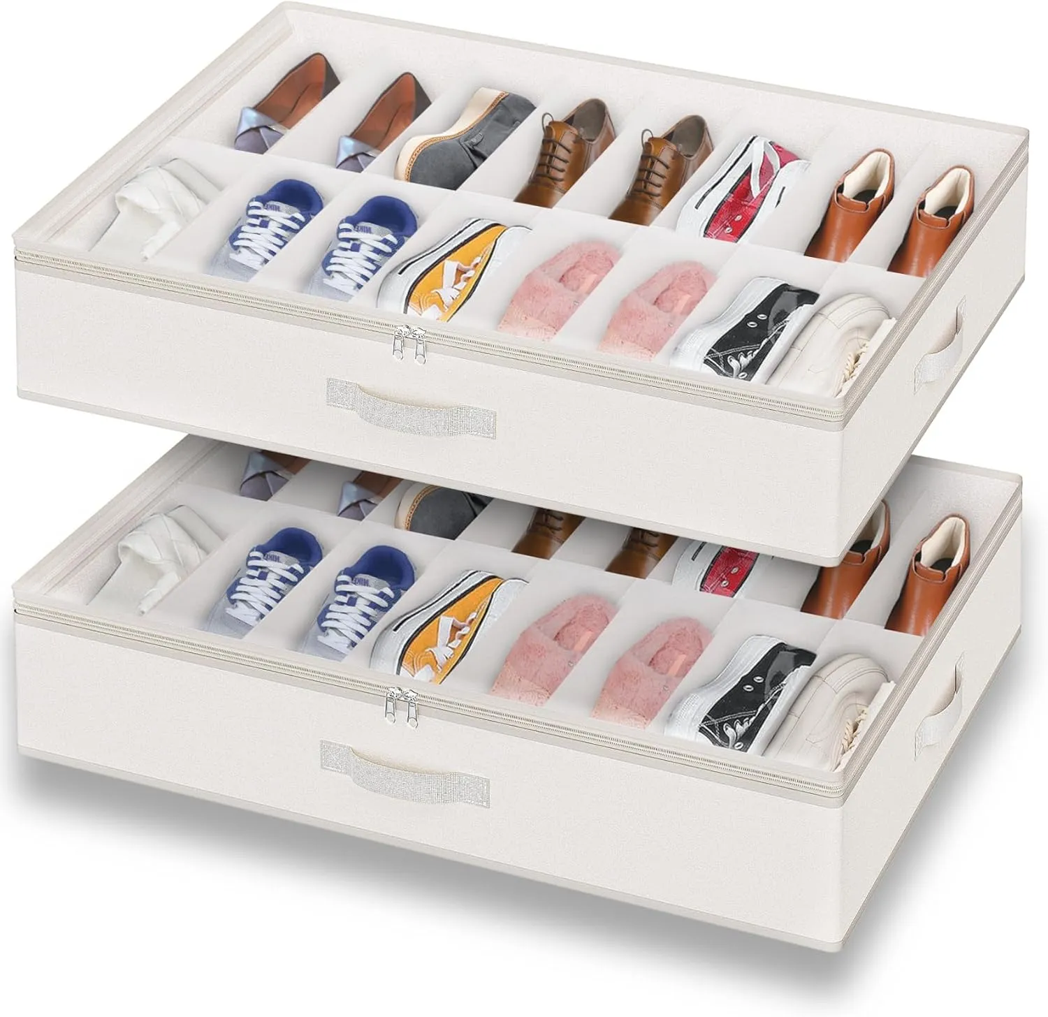 2 Pack Under Bed Shoe Storage Organizer for Closet, Fits Total 32 Pairs Foldable Underbed Shoes Containers Boxes Under the Bed Storage Bedding with Sturdy Handles&Clear Window for College Dorms, Beige