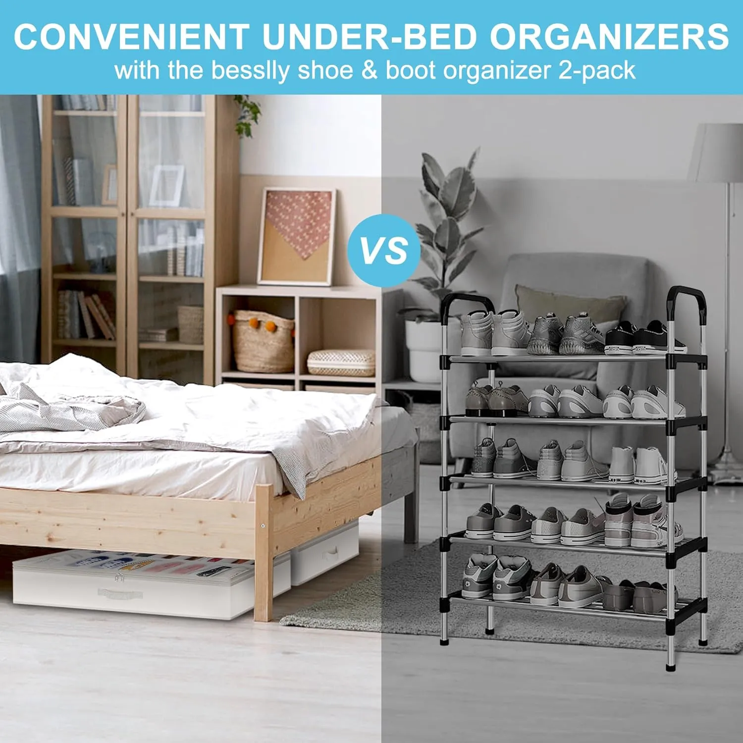 2 Pack Under Bed Shoe Storage Organizer for Closet, Fits Total 32 Pairs Foldable Underbed Shoes Containers Boxes Under the Bed Storage Bedding with Sturdy Handles&Clear Window for College Dorms, Beige