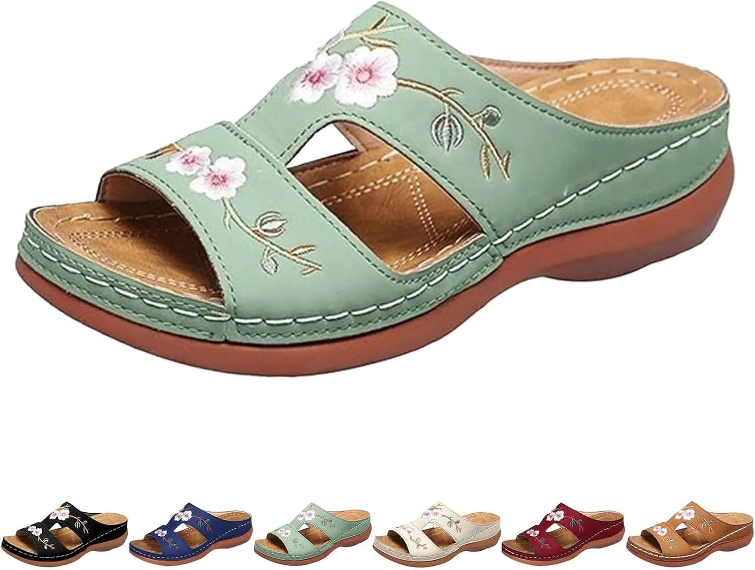 2024 New Hollow Floral Embroidery Women Wedge Sandals with Arch Support Comfortable Orthopedic Sandal Size Plus Size Slippers