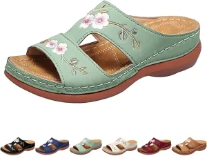 2024 New Hollow Floral Embroidery Women Wedge Sandals with Arch Support Comfortable Orthopedic Sandal Size Plus Size Slippers