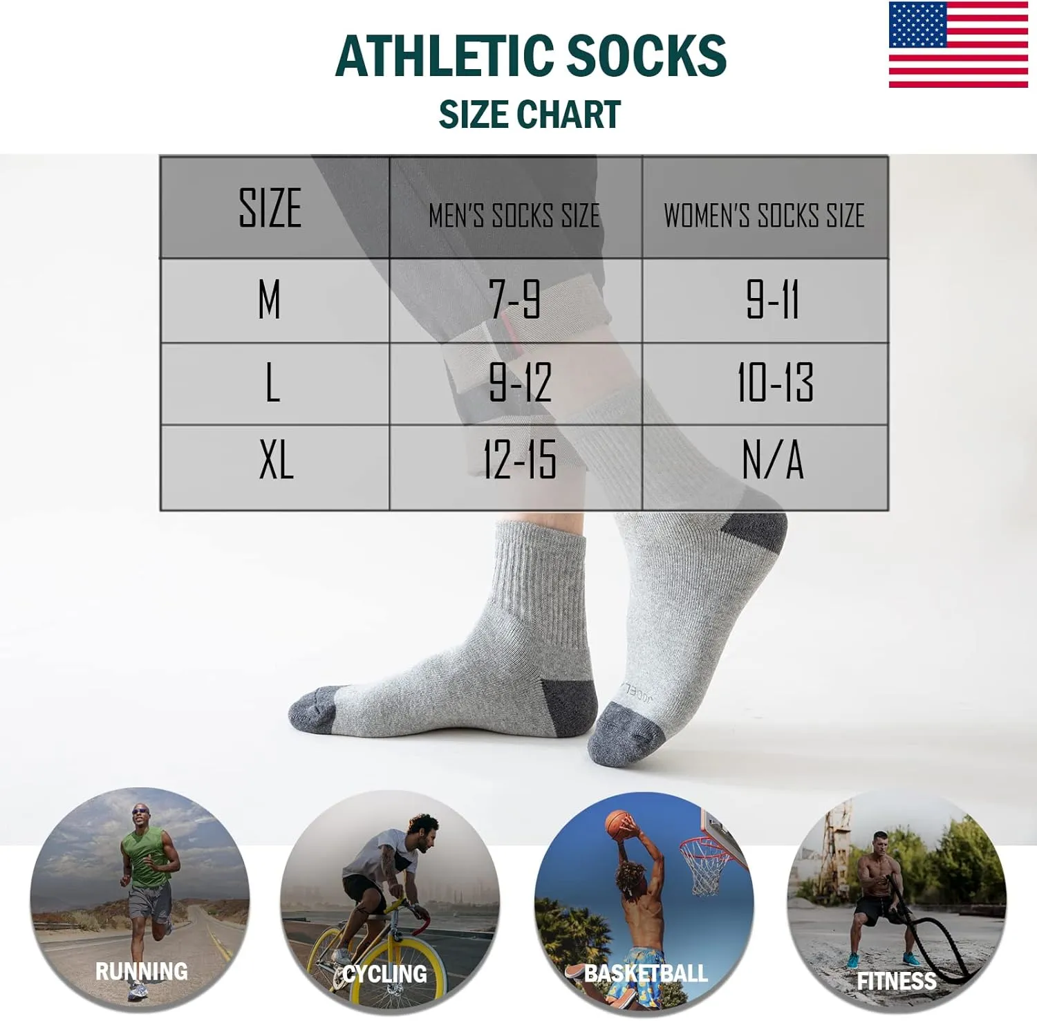 8-Pairs Men's Ankle Cotton Socks with Cushion, Athletic Running Socks Size 7-9/9-12/12-15