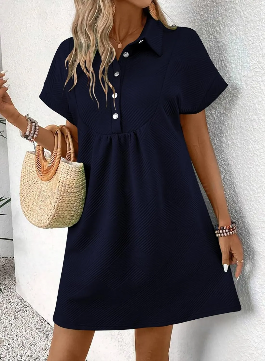 Acelitt Summer Lapel Collared Dresses for Women 2025 Batwing Short Sleeve Mini Dress Beach Sundress
