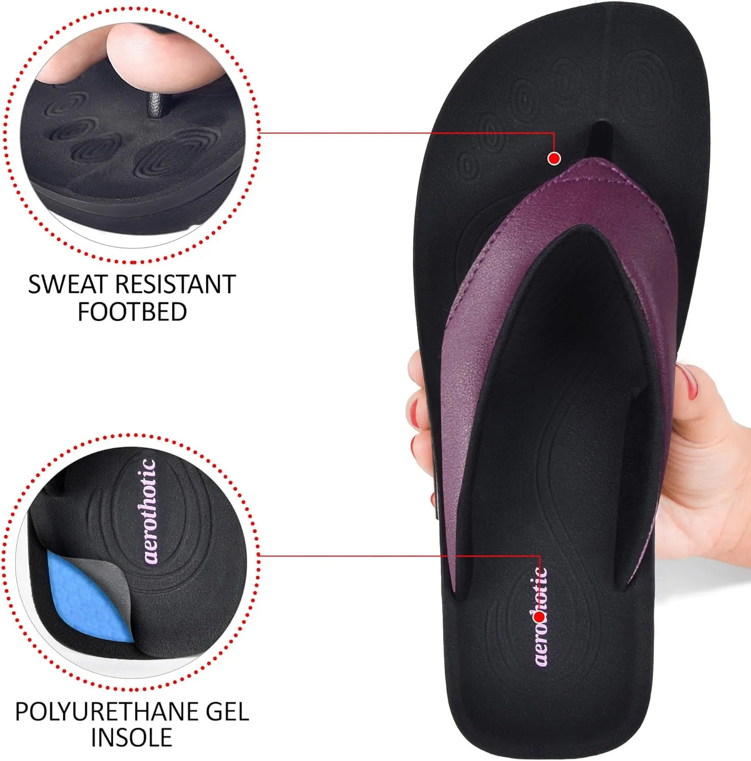 AEROTHOTIC Arch Support Flip Flops for women Stylish Cushioned Padded Straps with Soft Toe Post Slip on Footwear Dressy Travel Recovery Outdoor Comfortable Walking Women Sandals