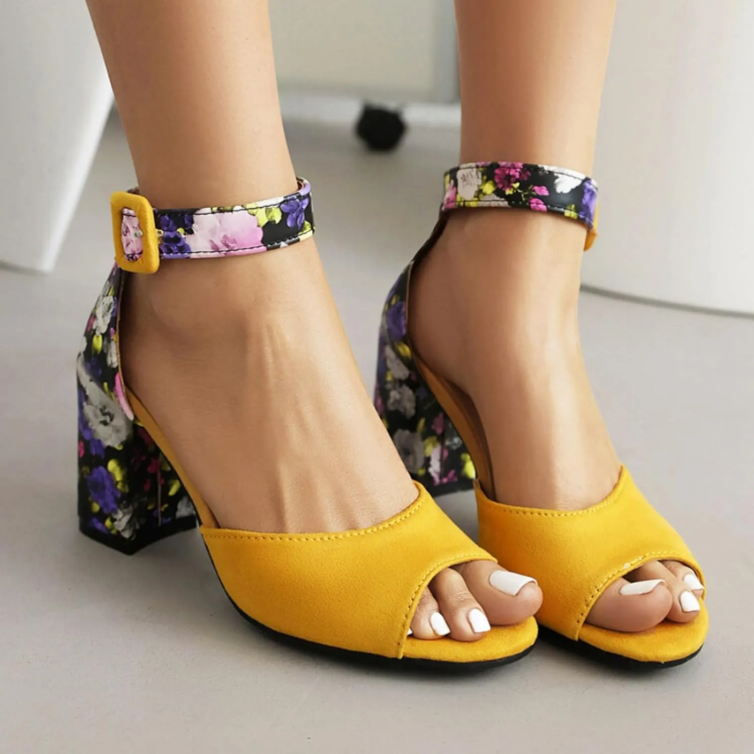 Aflngle Women's Floral Pattern Open Peep Toe Chunky Block High Heels Sandals Comfortable Suede Ankle Strap Buckle Wedding Party Evening Dress Pumps Shoes