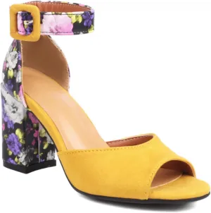 Aflngle Women's Floral Pattern Open Peep Toe Chunky Block High Heels Sandals Comfortable Suede Ankle Strap Buckle Wedding Party Evening Dress Pumps Shoes
