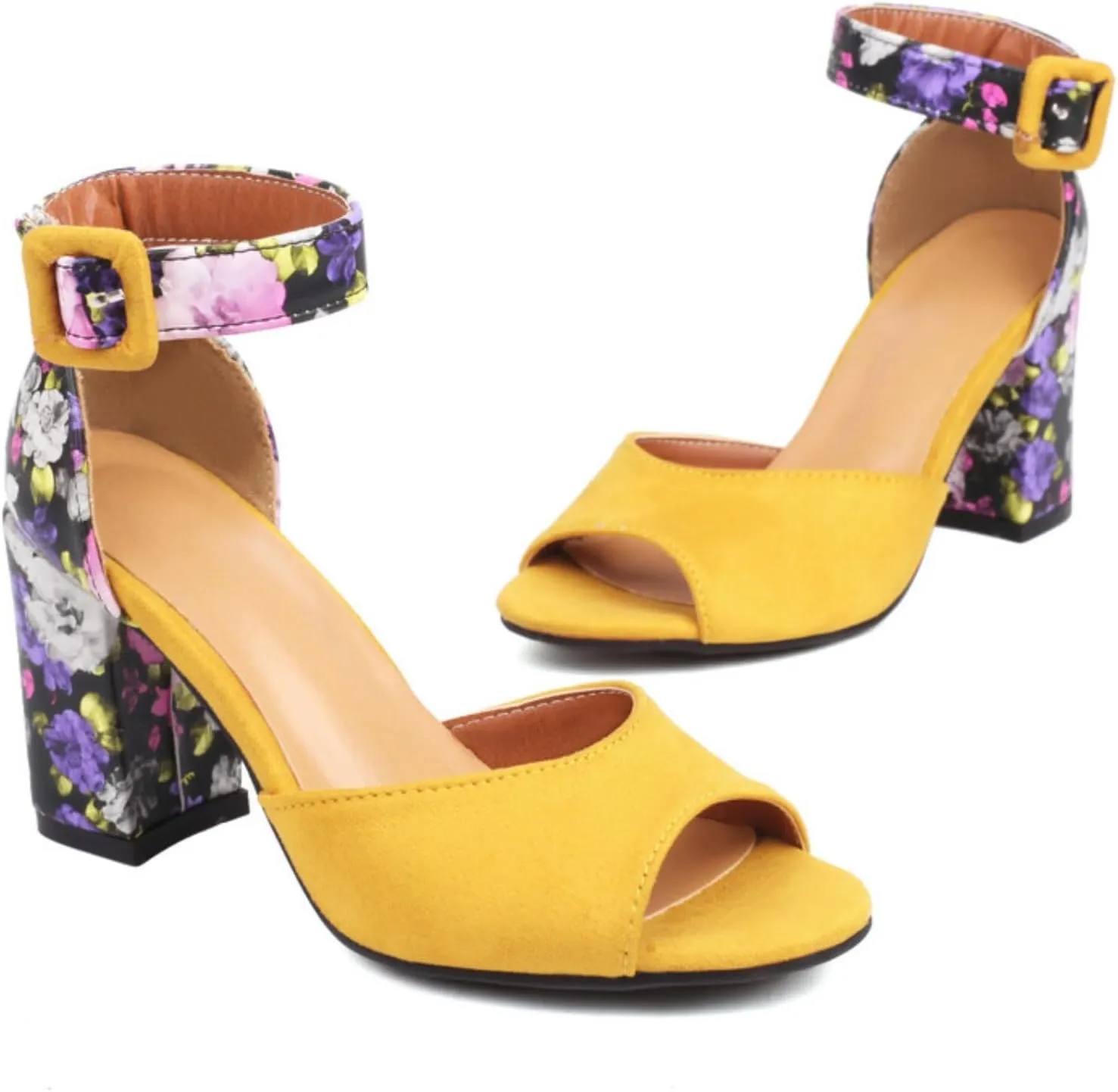 Aflngle Women's Floral Pattern Open Peep Toe Chunky Block High Heels Sandals Comfortable Suede Ankle Strap Buckle Wedding Party Evening Dress Pumps Shoes