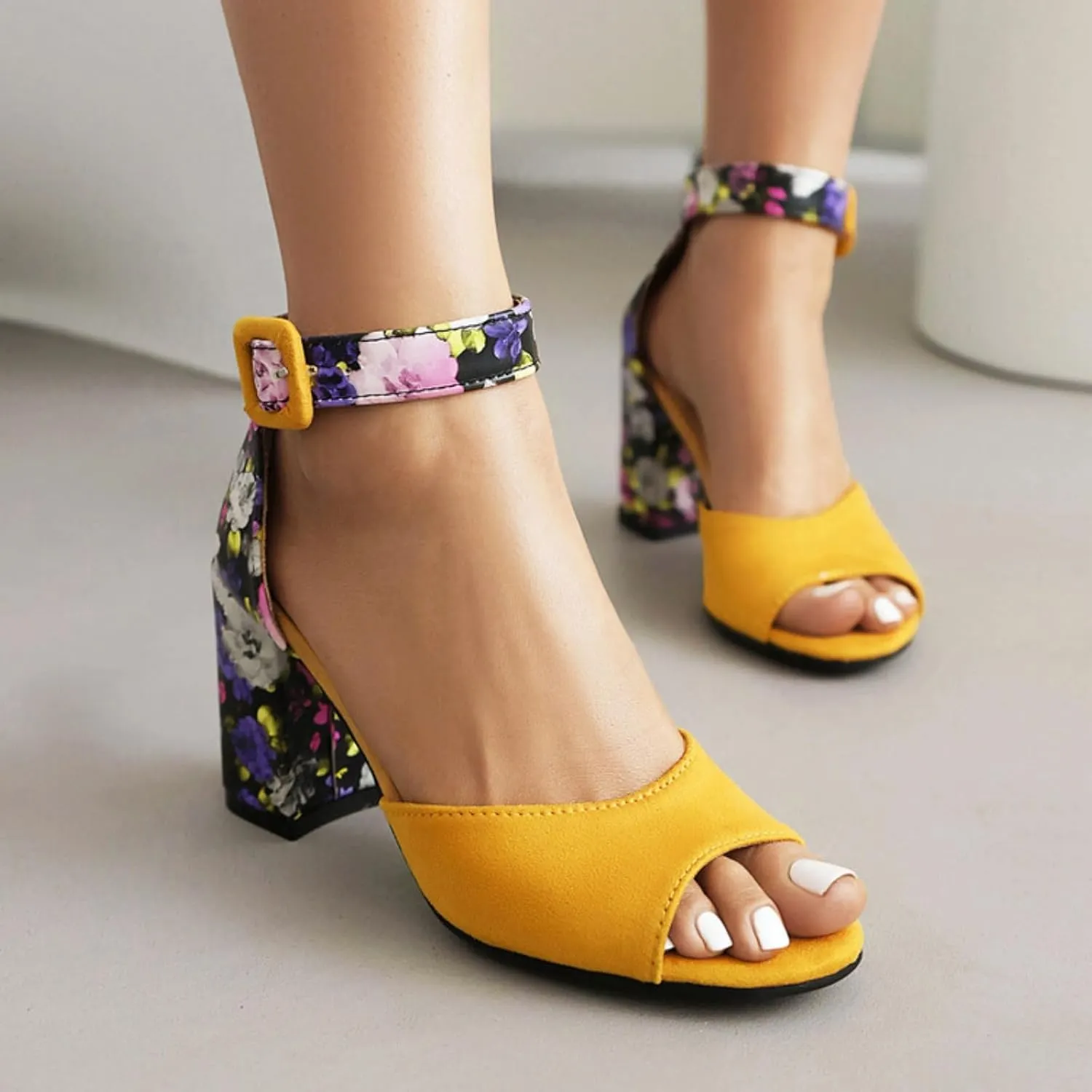 Aflngle Women's Floral Pattern Open Peep Toe Chunky Block High Heels Sandals Comfortable Suede Ankle Strap Buckle Wedding Party Evening Dress Pumps Shoes