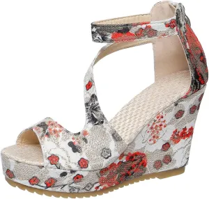 Aflngle Women's Printed Open Toe Slope Sandals Platform High Heel Wedge Ankle Strap Back Zipper Espadrille Fashion Casual Floral Pattern Thick Sole No Slip Summer Sandals