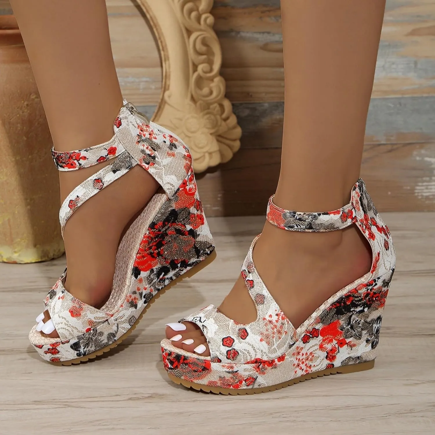 Aflngle Women's Printed Open Toe Slope Sandals Platform High Heel Wedge Ankle Strap Back Zipper Espadrille Fashion Casual Floral Pattern Thick Sole No Slip Summer Sandals