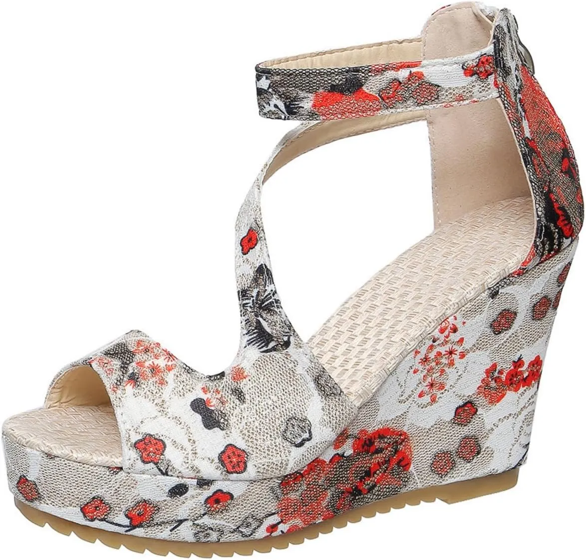 Aflngle Women's Printed Open Toe Slope Sandals Platform High Heel Wedge Ankle Strap Back Zipper Espadrille Fashion Casual Floral Pattern Thick Sole No Slip Summer Sandals