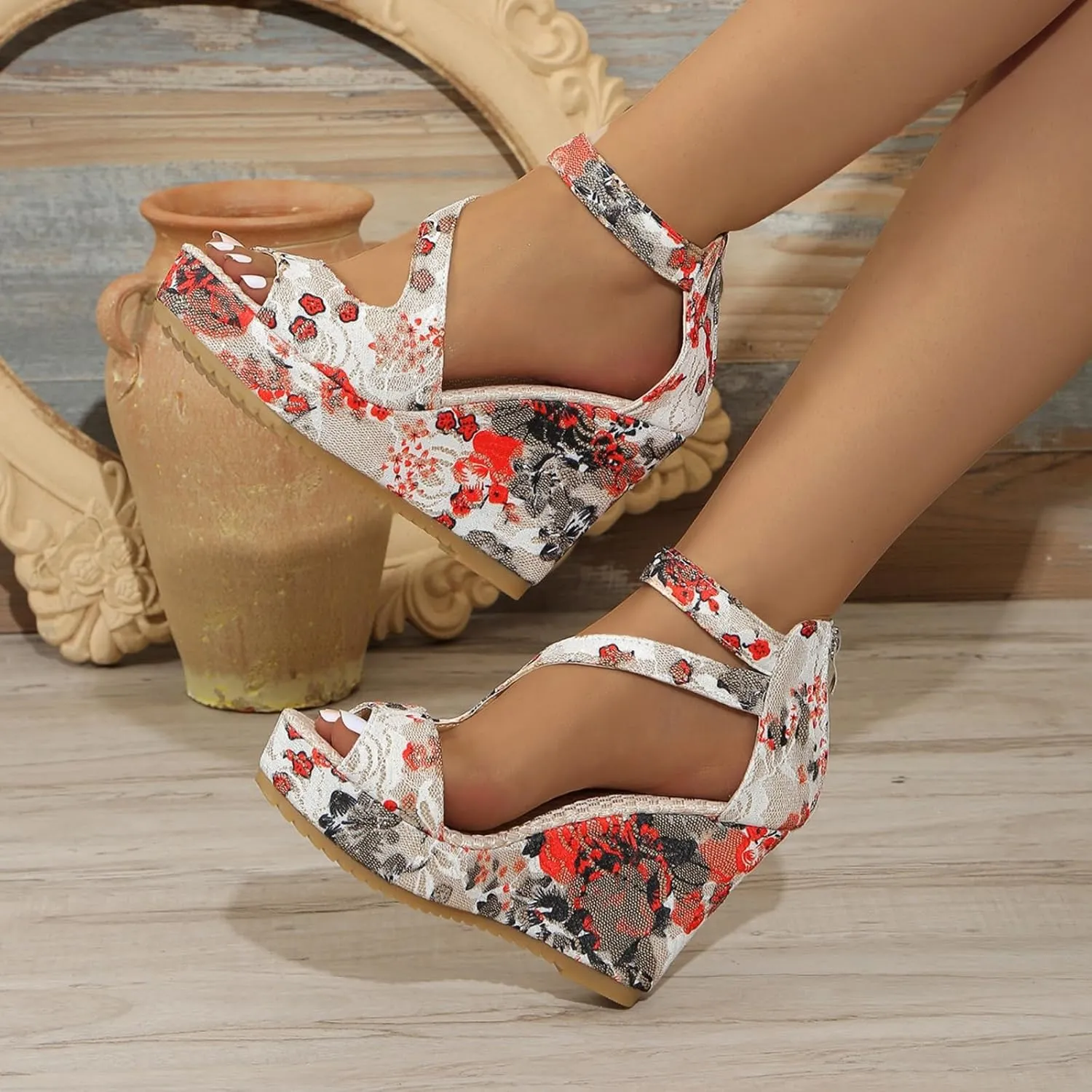Aflngle Women's Printed Open Toe Slope Sandals Platform High Heel Wedge Ankle Strap Back Zipper Espadrille Fashion Casual Floral Pattern Thick Sole No Slip Summer Sandals