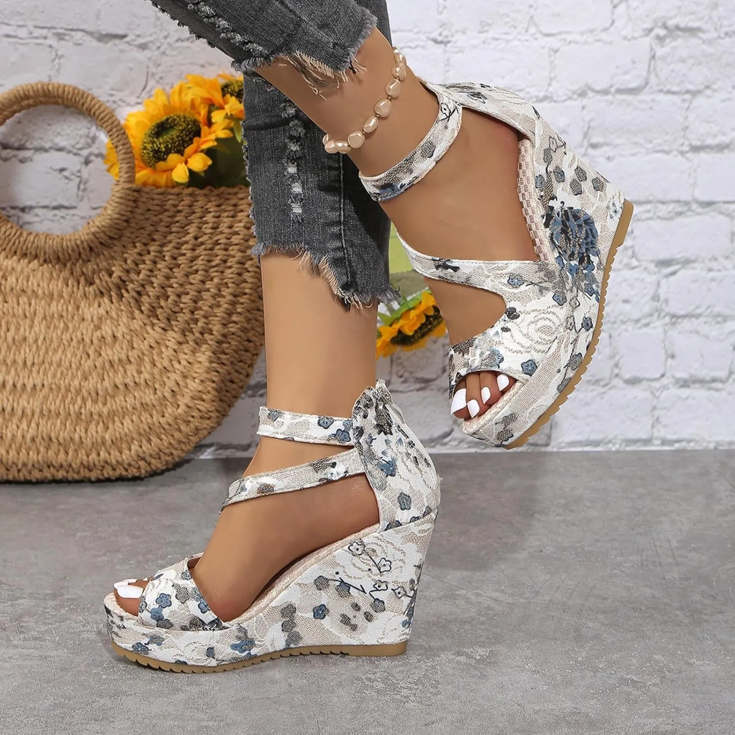 Aflngle Women's Printed Open Toe Slope Sandals Platform High Heel Wedge Ankle Strap Back Zipper Espadrille Fashion Casual Floral Pattern Thick Sole No Slip Summer Sandals