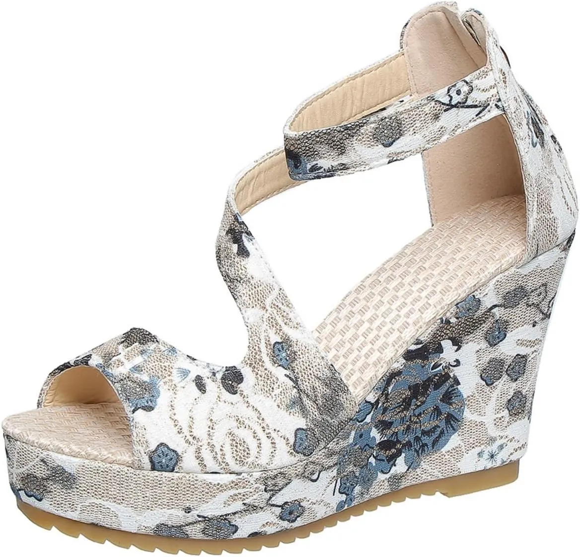 Aflngle Women's Printed Open Toe Slope Sandals Platform High Heel Wedge Ankle Strap Back Zipper Espadrille Fashion Casual Floral Pattern Thick Sole No Slip Summer Sandals