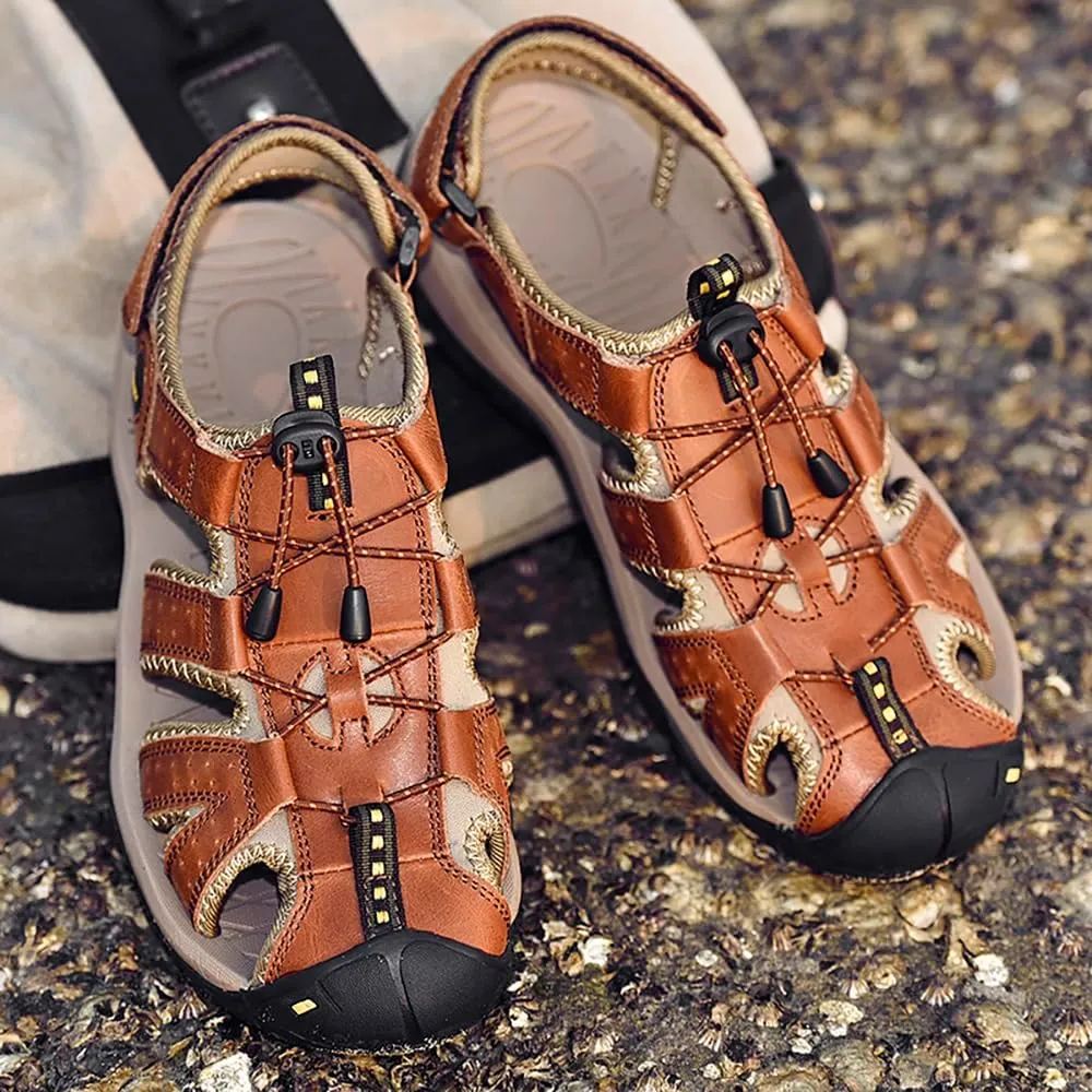 ailishabroy Men's Sport Sandals Outdoor Hiking Leather Closed Toe Sandals