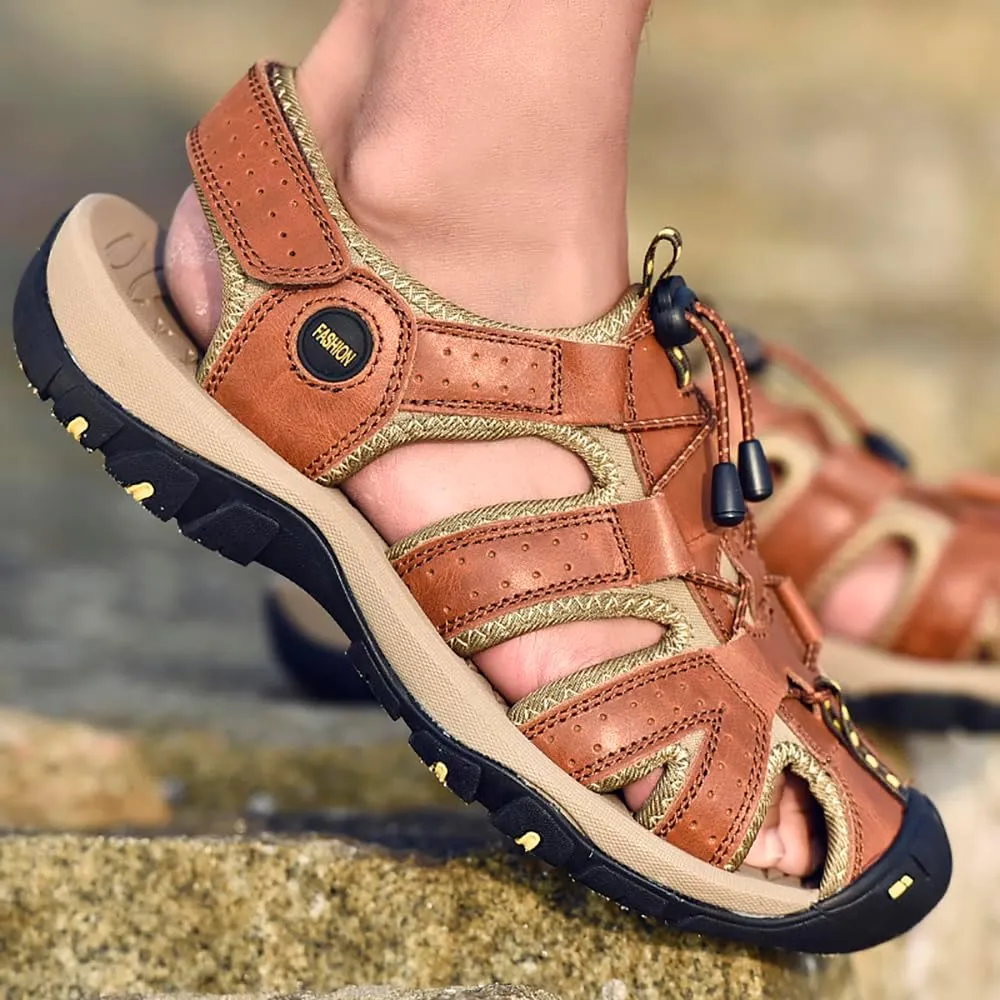 ailishabroy Men's Sport Sandals Outdoor Hiking Leather Closed Toe Sandals