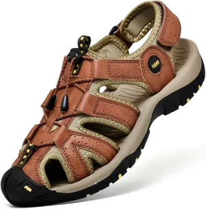 ailishabroy Men's Sport Sandals Outdoor Hiking Leather Closed Toe Sandals