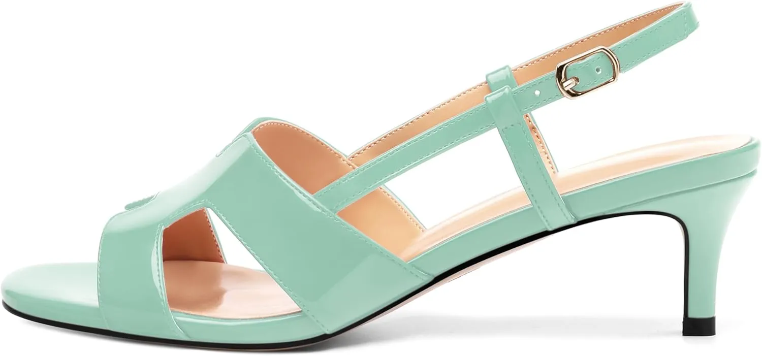 AMBELIGHT Womens Dressy Heels Buckle Dating Patent Slingback Pumps Open Toe Kitten Low Heel Heeled Sandals 2 Inch