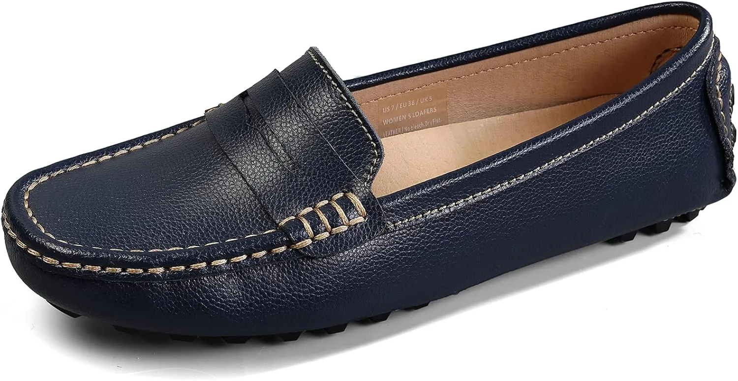 Artisure Women's Classic Comfort Leather Penny Loafers Casual Slip-Ons Lightweight Walking Flats Driving Mocs Boat Shoes