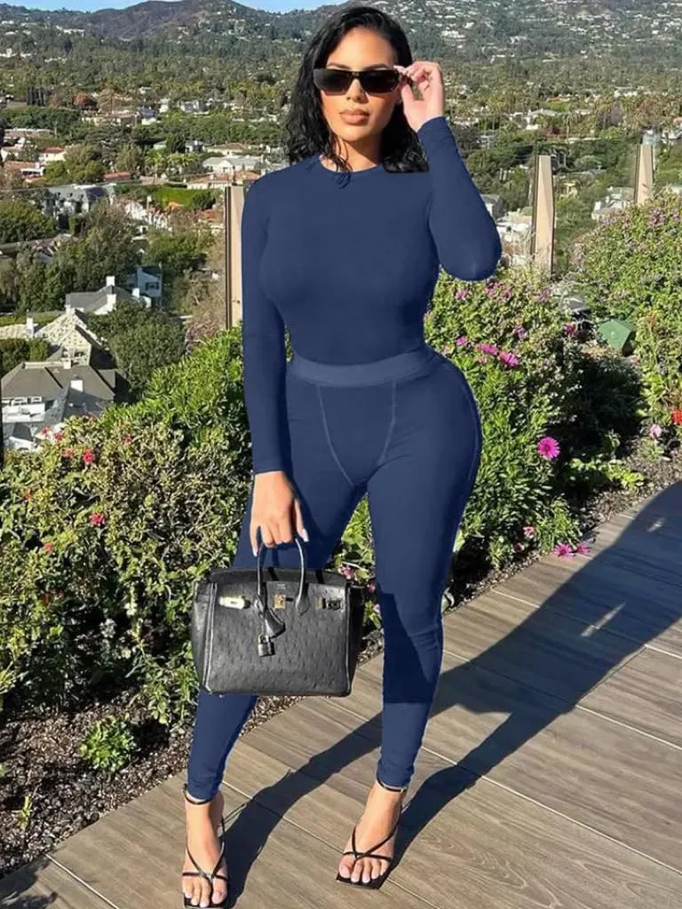 AYWA Women's 2 Piece Outfits Ribbed Long Sleeve Fitted T-shirt High Waist Leggins Shorts Casual Matching set