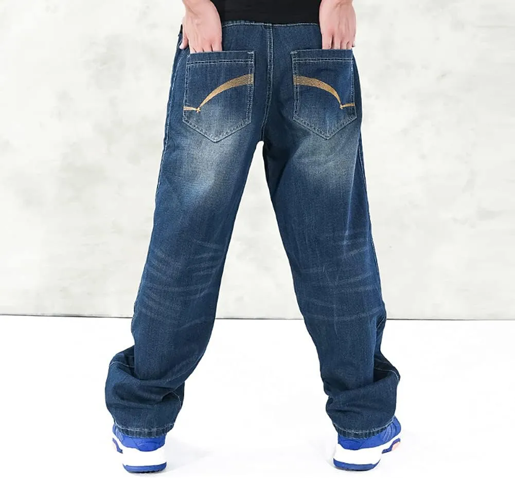 Baggy Jeans for Men Hip Hop Plus Size Loose Fit Skater Dance Washed Blue Jean Denim Pants Simple