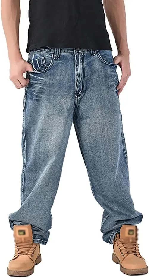 Baggy Jeans for Men Hip Hop Plus Size Loose Fit Skater Dance Washed Blue Jean Denim Pants Simple