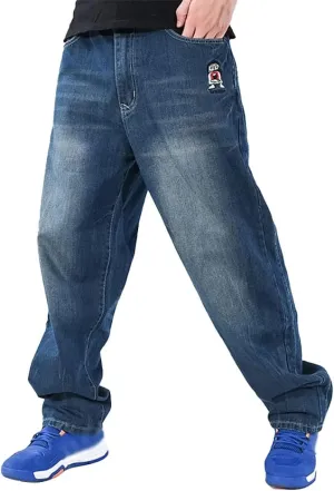 Baggy Jeans for Men Hip Hop Plus Size Loose Fit Skater Dance Washed Blue Jean Denim Pants Simple