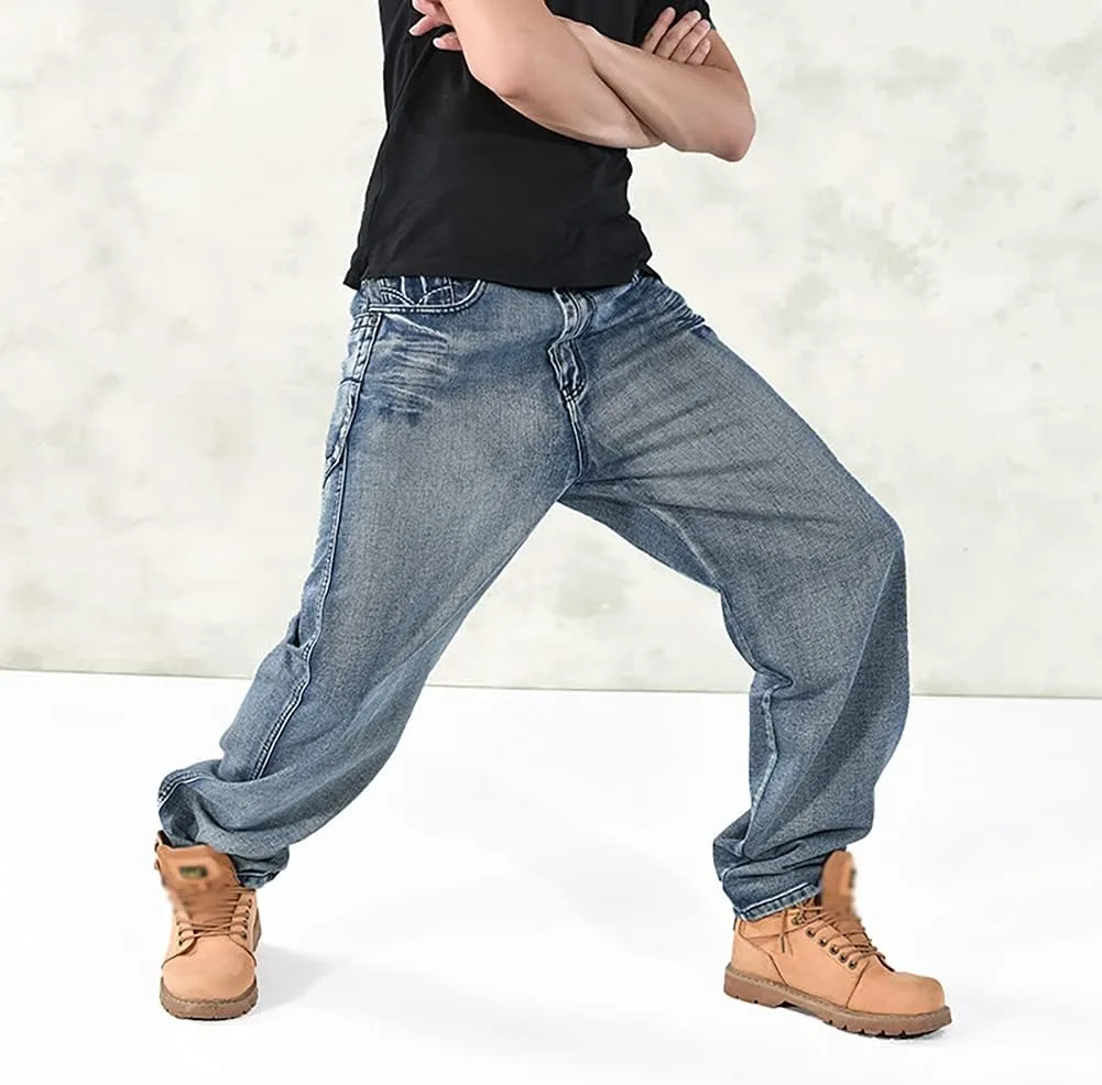 Baggy Jeans for Men Hip Hop Plus Size Loose Fit Skater Dance Washed Blue Jean Denim Pants Simple