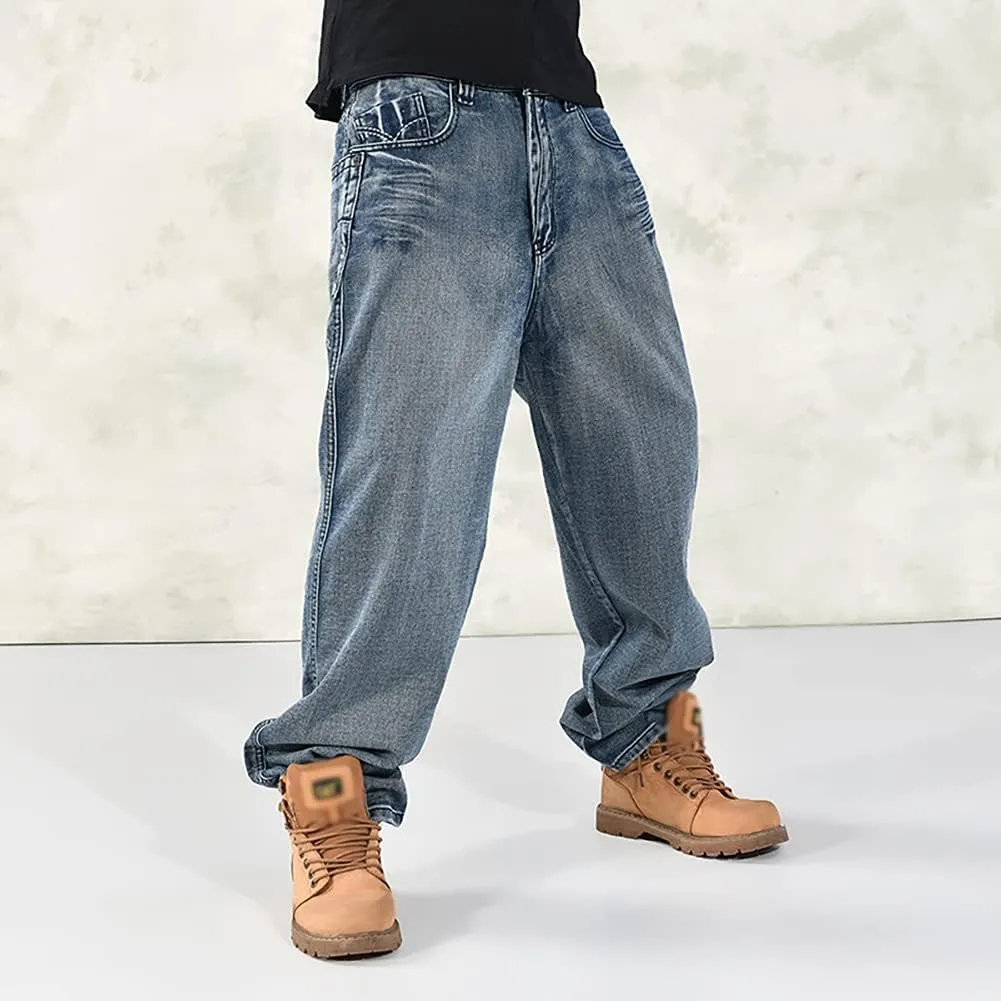 Baggy Jeans for Men Hip Hop Plus Size Loose Fit Skater Dance Washed Blue Jean Denim Pants Simple