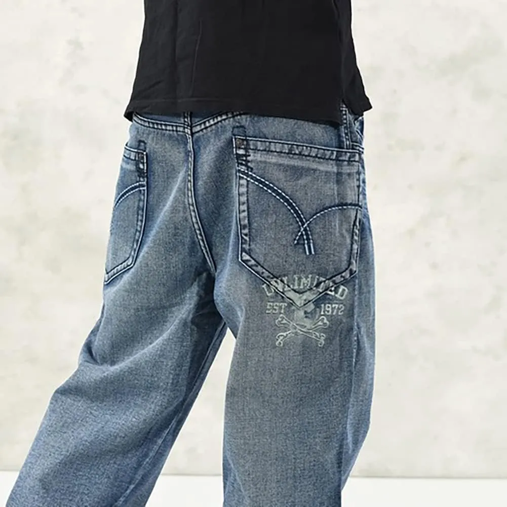 Baggy Jeans for Men Hip Hop Plus Size Loose Fit Skater Dance Washed Blue Jean Denim Pants Simple