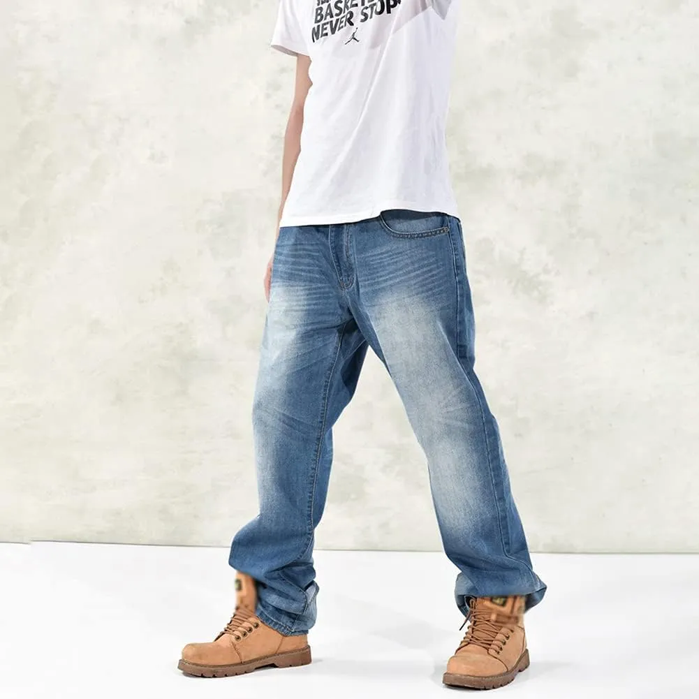 Baggy Jeans for Men Hip Hop Plus Size Loose Fit Skater Dance Washed Blue Jean Denim Pants Simple