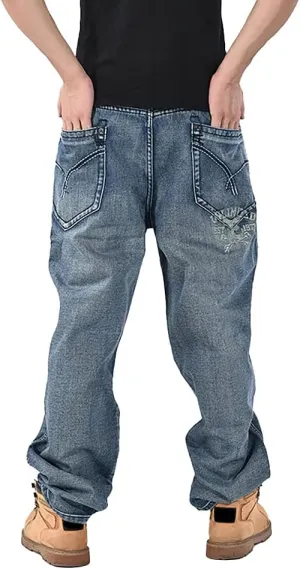 Baggy Jeans for Men Hip Hop Plus Size Loose Fit Skater Dance Washed Blue Jean Denim Pants Simple