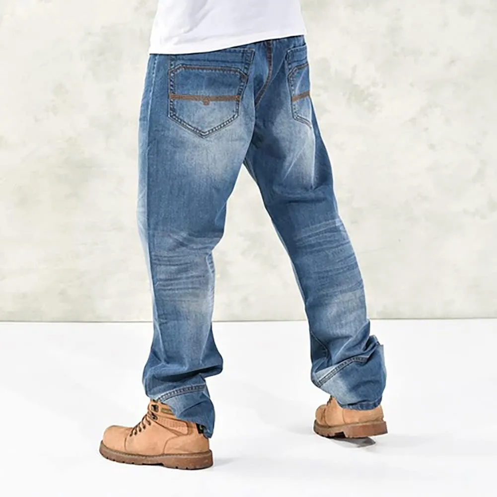 Baggy Jeans for Men Hip Hop Plus Size Loose Fit Skater Dance Washed Blue Jean Denim Pants Simple