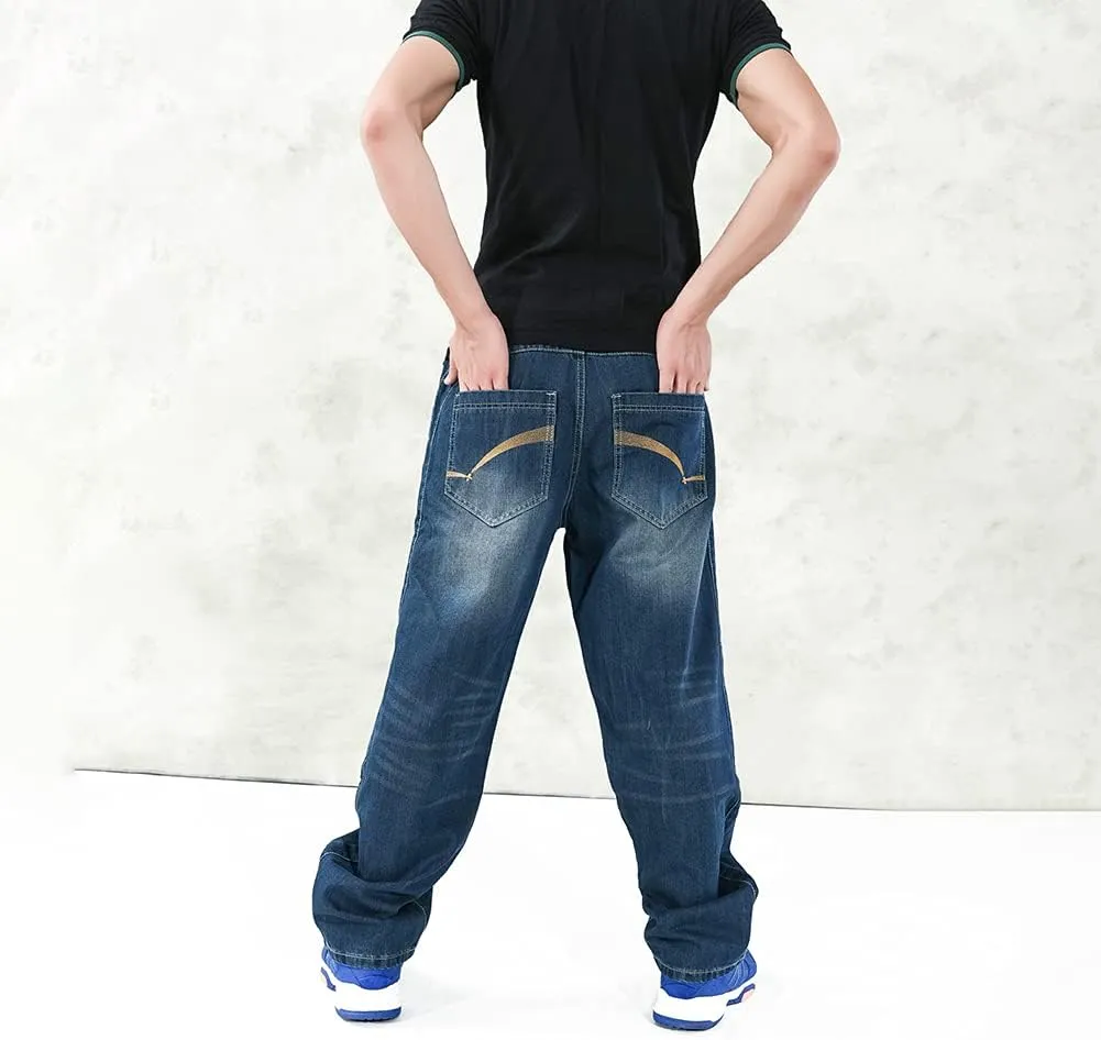 Baggy Jeans for Men Hip Hop Plus Size Loose Fit Skater Dance Washed Blue Jean Denim Pants Simple