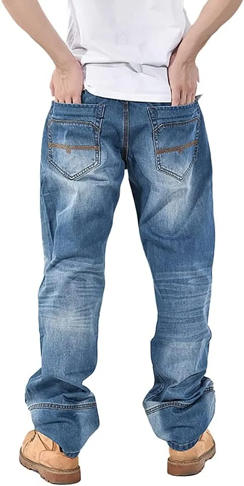 Baggy Jeans for Men Hip Hop Plus Size Loose Fit Skater Dance Washed Blue Jean Denim Pants Simple