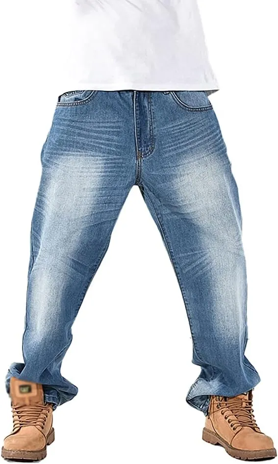 Baggy Jeans for Men Hip Hop Plus Size Loose Fit Skater Dance Washed Blue Jean Denim Pants Simple