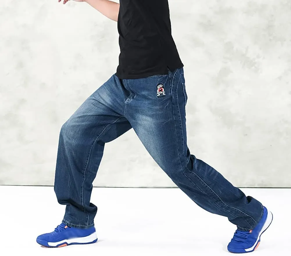Baggy Jeans for Men Hip Hop Plus Size Loose Fit Skater Dance Washed Blue Jean Denim Pants Simple