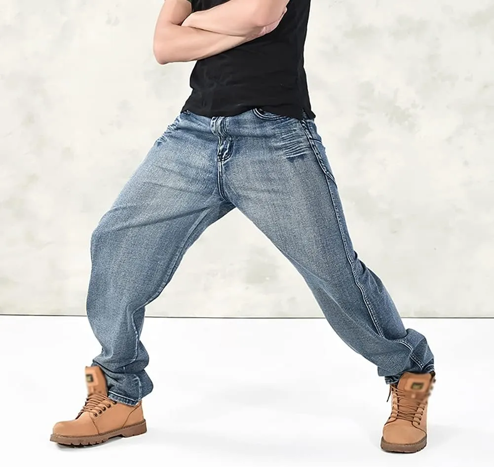 Baggy Jeans for Men Hip Hop Plus Size Loose Fit Skater Dance Washed Blue Jean Denim Pants Simple