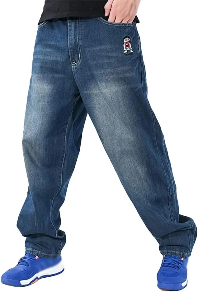 Baggy Jeans for Men Hip Hop Plus Size Loose Fit Skater Dance Washed Blue Jean Denim Pants Simple