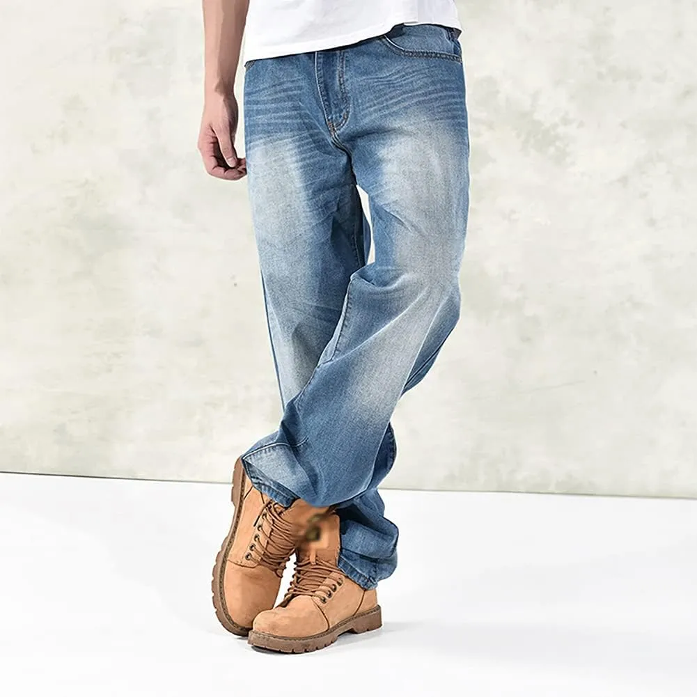 Baggy Jeans for Men Hip Hop Plus Size Loose Fit Skater Dance Washed Blue Jean Denim Pants Simple