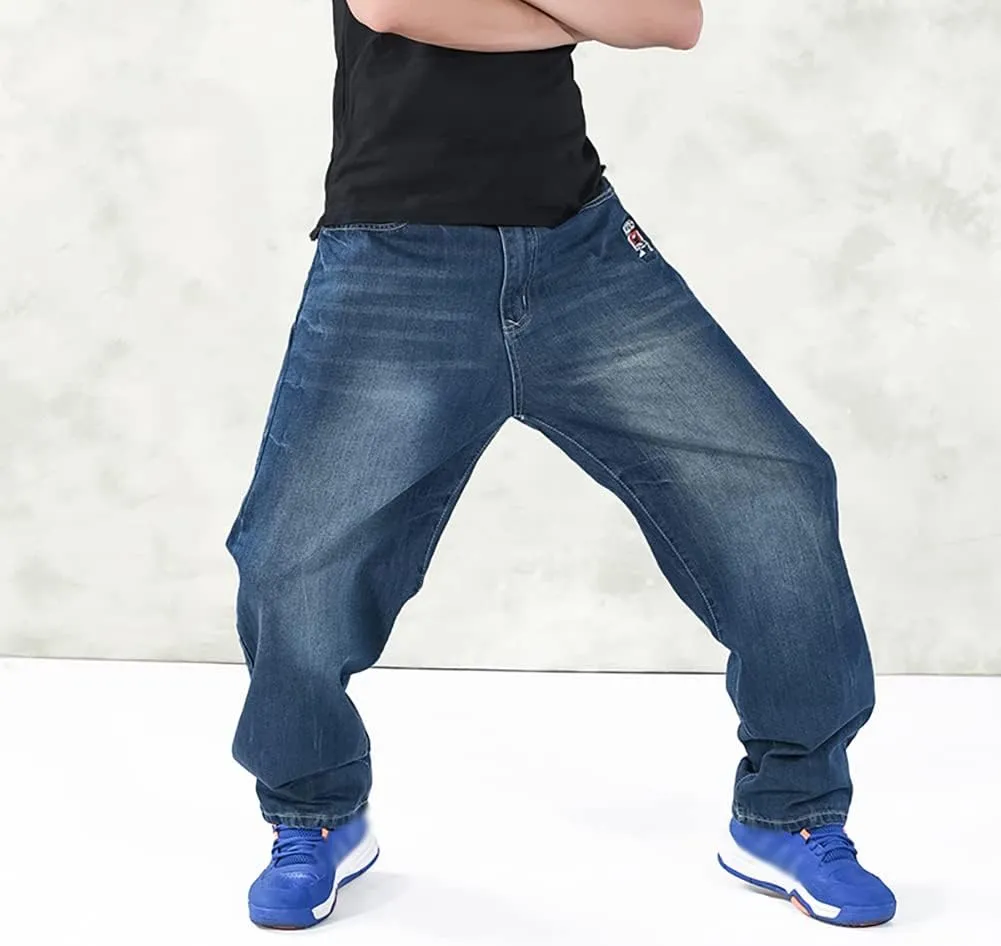 Baggy Jeans for Men Hip Hop Plus Size Loose Fit Skater Dance Washed Blue Jean Denim Pants Simple