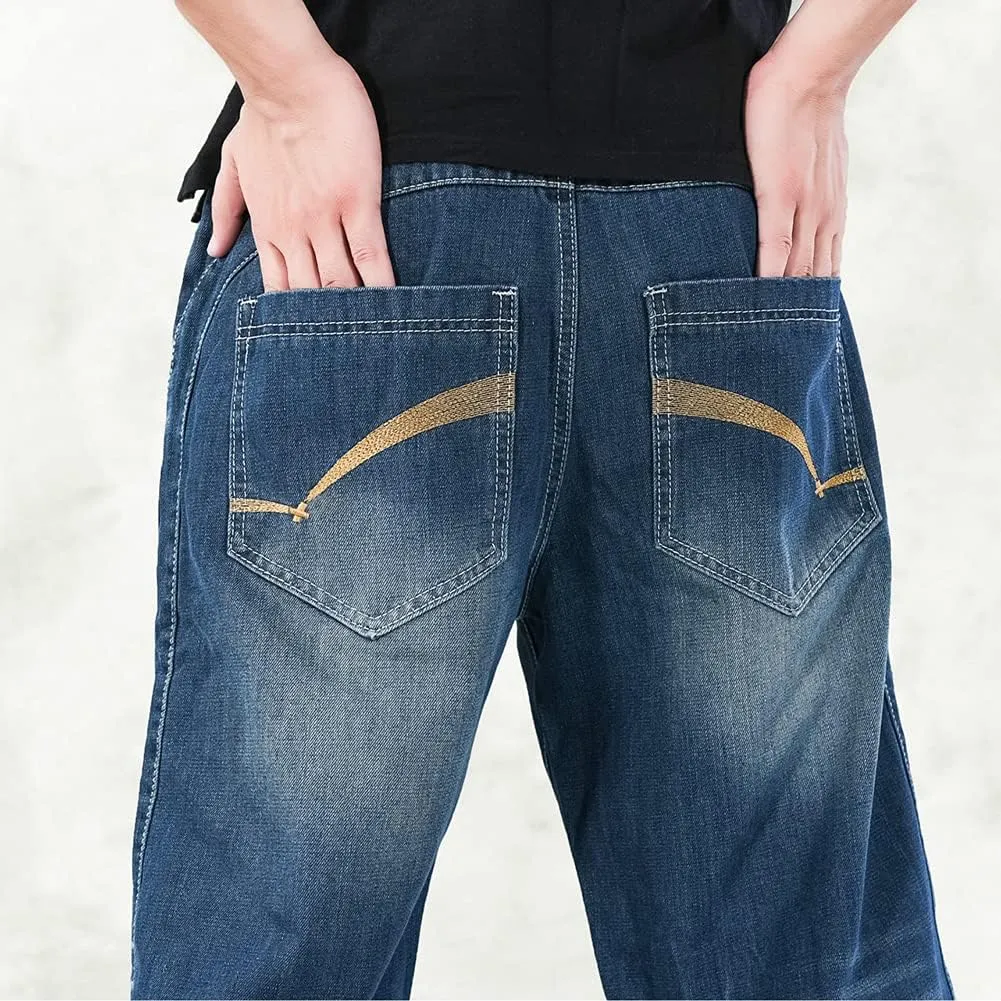 Baggy Jeans for Men Hip Hop Plus Size Loose Fit Skater Dance Washed Blue Jean Denim Pants Simple