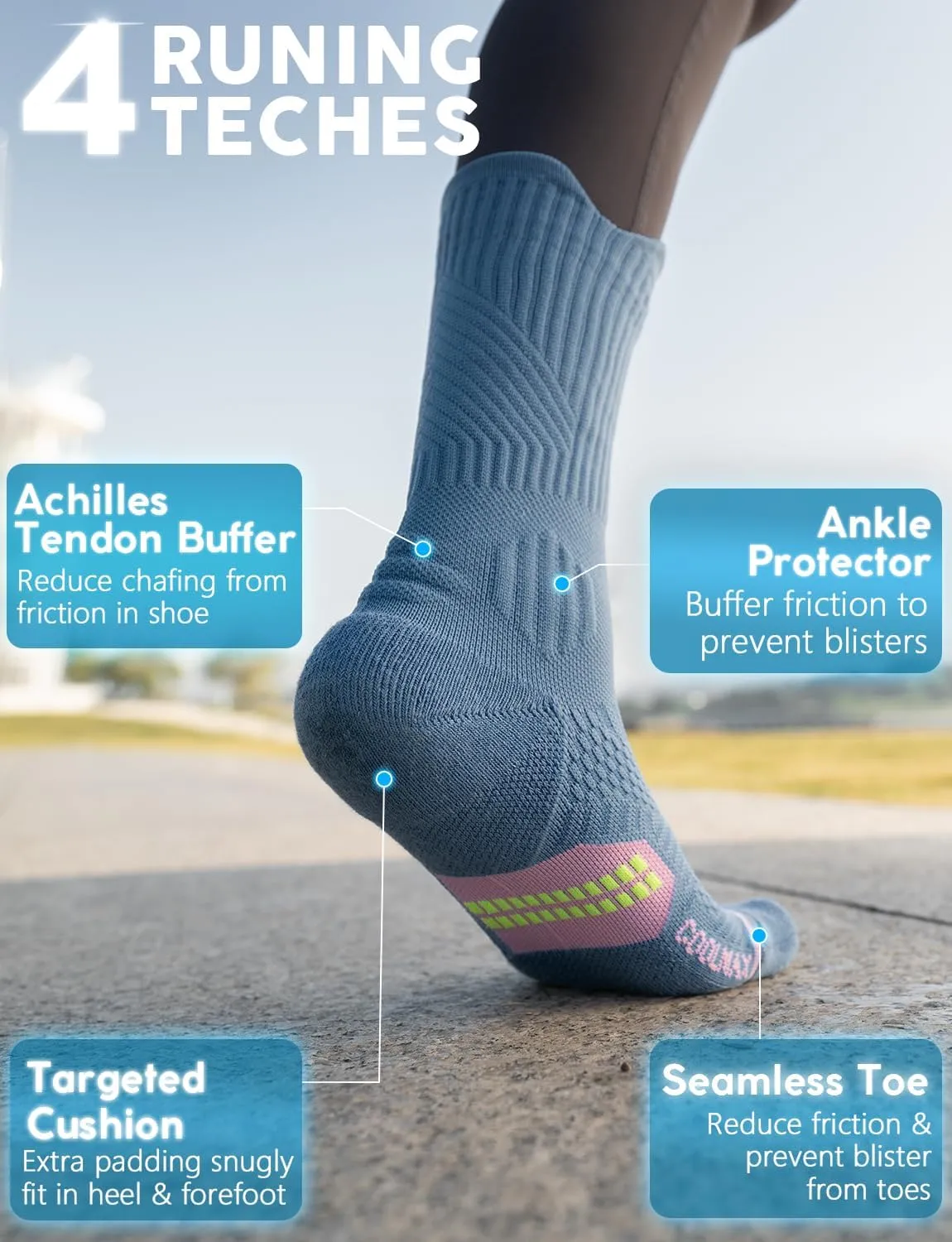 Bamboo Viscose Compression Running Crew Socks, Coolmax Moisture-Wicking Anti-Blister Hiking&Gym Athletic Socks